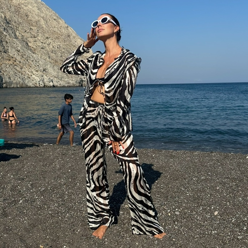 Zebra Silk satin pajama beach wear set pants & top S